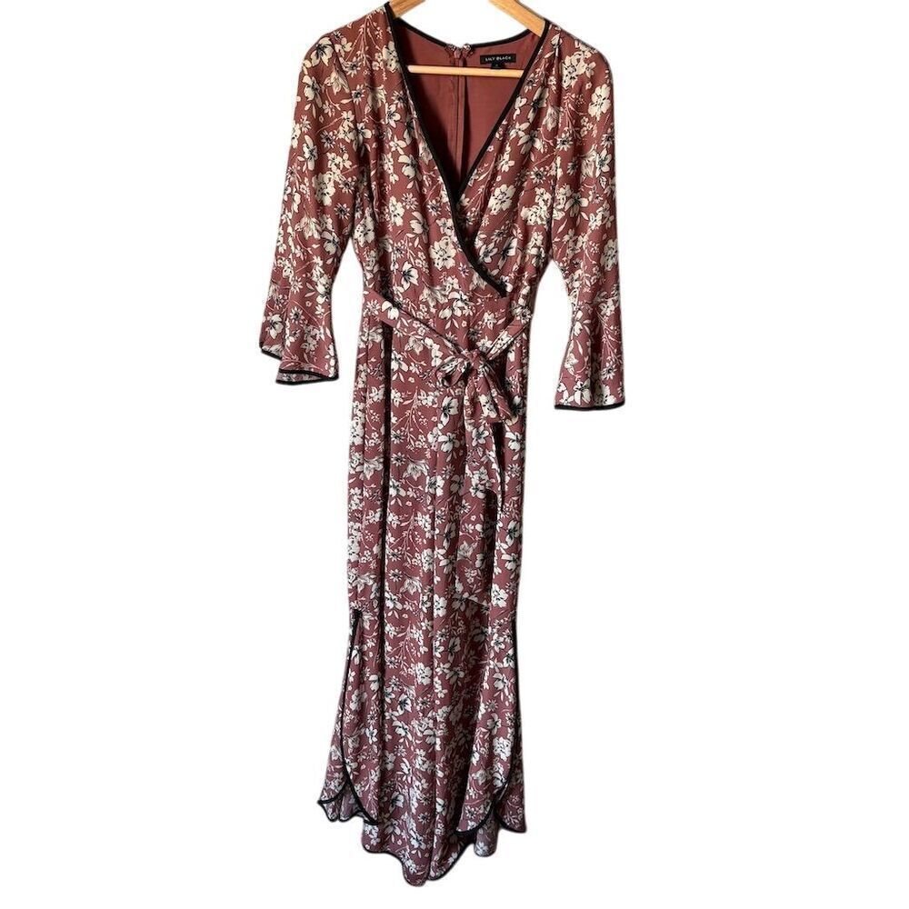 Lily Black Floral Surplice Romper Long Length V-Neck Long Sleeve S